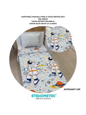 ETEHOMETEX Pamuklu Kapitoneli Yatak Örtüsü Seti TEK KİŞİLİK ASTRANOT GRİ 8696474232103
